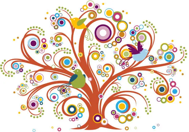 Vector illustration of Whimsical Tree with Birds