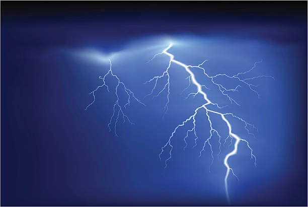 Bright white lightning strike on blue sky Lightning or thunder at night sky lightning thunderstorm electricity cloud stock illustrations
