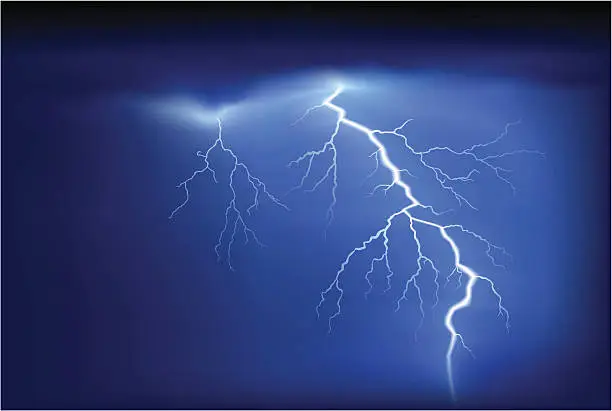 Vector illustration of Bright white lightning strike on blue sky