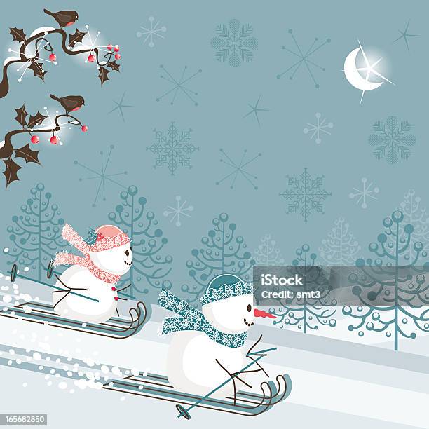 Snowmen 스키타기 크리스마스에 대한 스톡 벡터 아트 및 기타 이미지 - 크리스마스, 만화, 스키타기