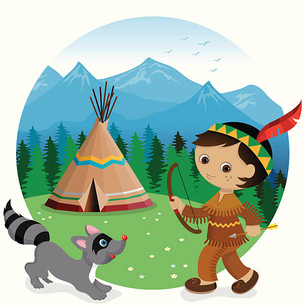 tipi indyjski chłopiec i szop pracz - north american tribal culture environment child plant stock illustrations