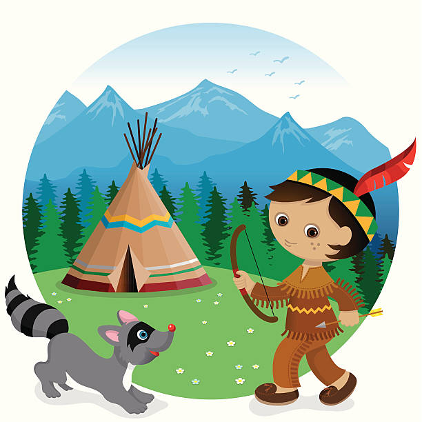 индийский tipi мальчик и енота - north american tribal culture environment child plant stock illustrations