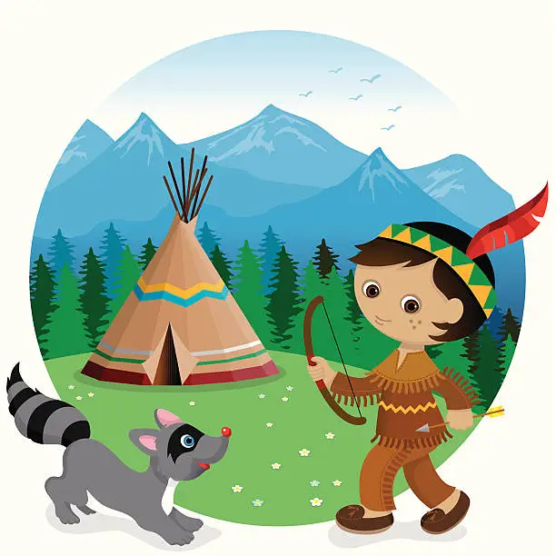 Vector illustration of Indian tipi boy and raccoon