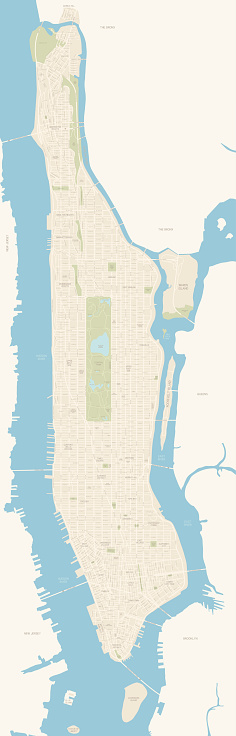 A very detailed map of Manhattan in New York City. Includes all roads and highways. Also includes parks, neighborhoods and points of interest. 