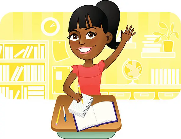 Vector illustration of African American girl raising hand in school