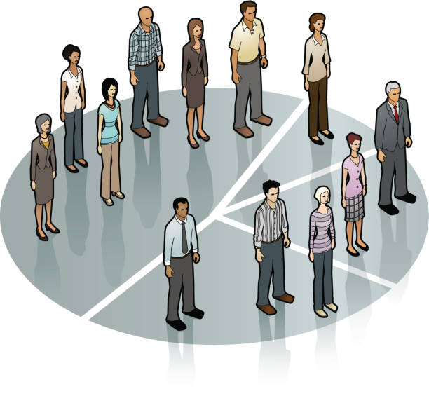 Pie Chart People standing on a pie graph.  census stock illustrations