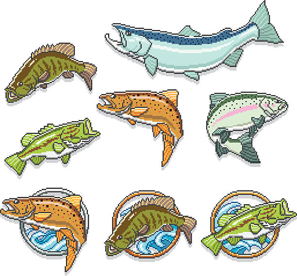 ilustraciones, imágenes clip art, dibujos animados e iconos de stock de peces de píxeles - black bass illustrations