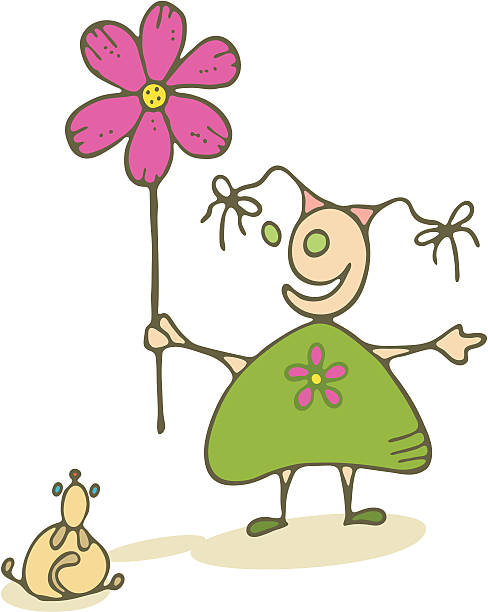 Menina feliz com Flor gigante e cão - ilustração de arte vetorial