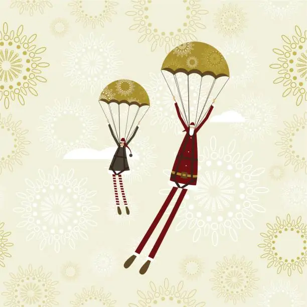 Vector illustration of Santa and elf jumping in parachute