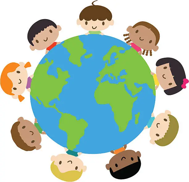 Vector illustration of Happy smiling multicultural kids around the world