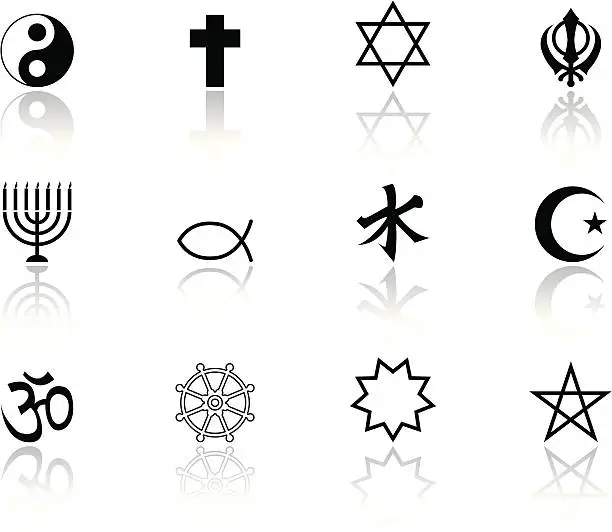 Vector illustration of Black Religious and Religion Icon Symbols with reflection