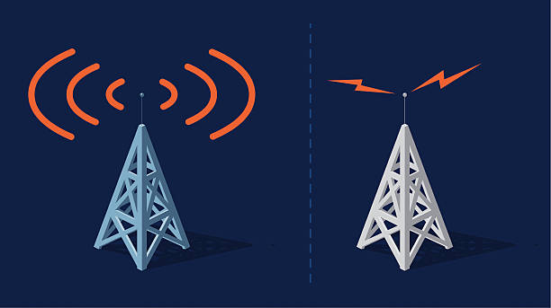 Communication towers Radio towers with orange frequencies podcast mobile stock illustrations