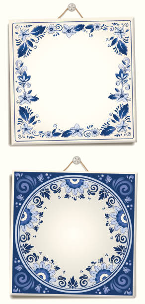 ilustrações, clipart, desenhos animados e ícones de antigo azulejos delft blue texto holandês - delftware