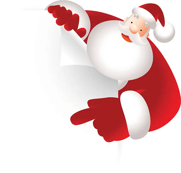 Vector illustration of Santa Claus holding blank sign showing something by index finger