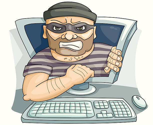 cyber - thief an ugly cyber - thief emerging from your computer screen coming out of computer screen stock illustrations