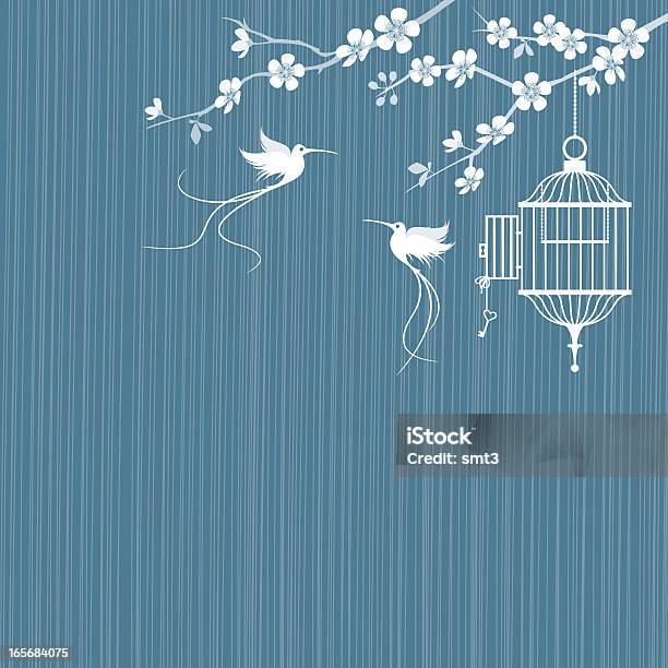 Birds And Cage With Cherry Blossoms Stock Illustration - Download Image Now - Bird, Birdcage, Freedom