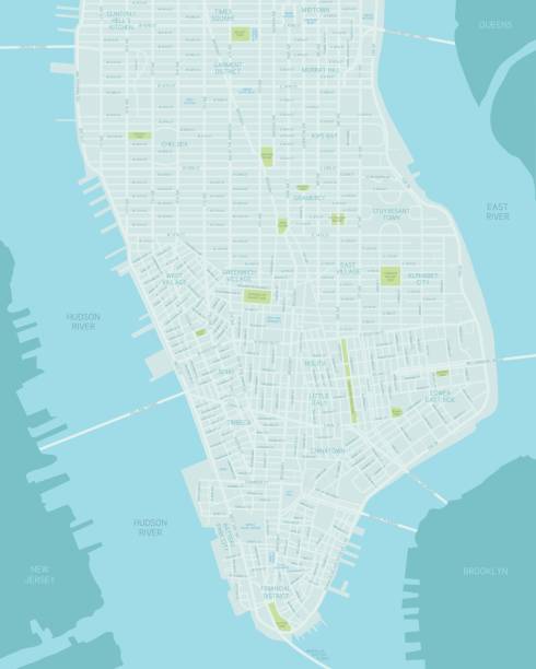 Lower Manhattan Map A map of Lower Manhattan in New York City. Shoreline is highly detailed. Includes all roads and highways. Also includes parks, neighborhoods and points of interest. lower manhattan stock illustrations
