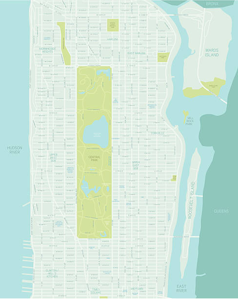 Mid Manhattan Map A map of mid-Manhattan in New York City. Shoreline is highly detailed. Includes all roads and highways. Also includes parks, neighborhoods and points of interest. roosevelt island stock illustrations