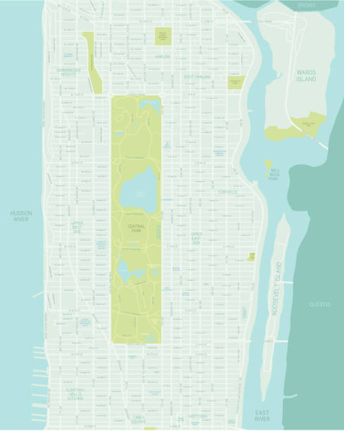 Mid Manhattan Map A map of mid-Manhattan in New York City. Shoreline is highly detailed. Includes all roads and highways. Also includes parks, neighborhoods and points of interest. theatre district stock illustrations