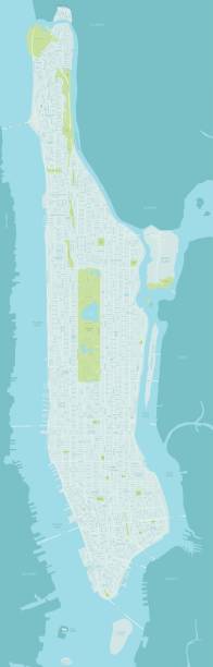 Map of Manhattan A very detailed map of Manhattan in New York City. Includes all roads and highways. Also includes parks, neighborhoods and points of interest. roosevelt island stock illustrations