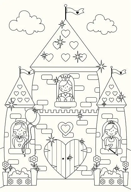 Vector illustration of Fairytale Sparkly Castle and Princess Characters to Color In.