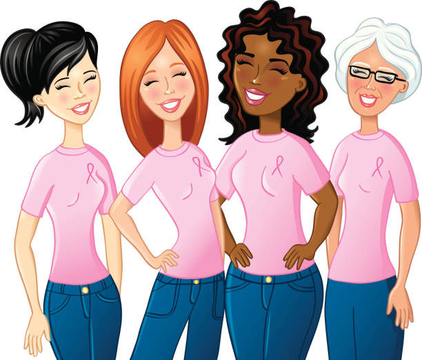 illustrazioni stock, clip art, cartoni animati e icone di tendenza di breast cancer awareness gruppo di donne - cheesy grin illustrations