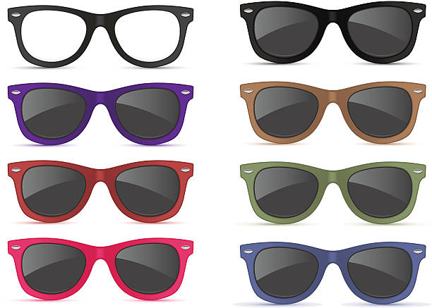 Graphic of different colors sunglasses Set of cool eyewear in multiple colors. thick rimmed spectacles stock illustrations