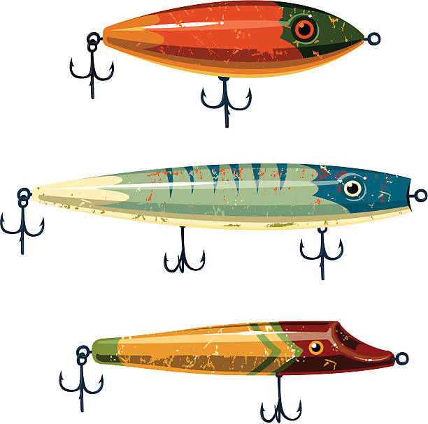 Fishing Lures Colorful antique fishing lures and hooks used for bait fishing tackle stock illustrations