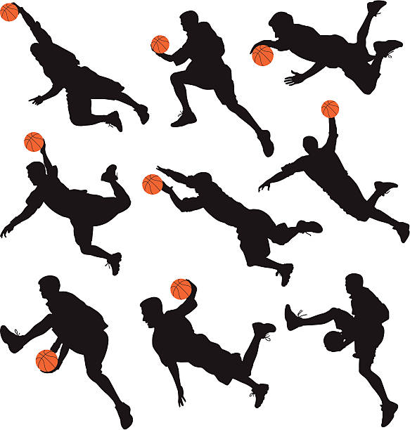 베스킷볼 - basketball basketball player slam dunk making a basket stock illustrations