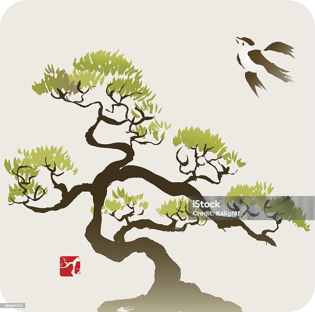 Pássaro e a pequena Pine Tree ou Bonsai - Vetor de Bonsai royalty-free