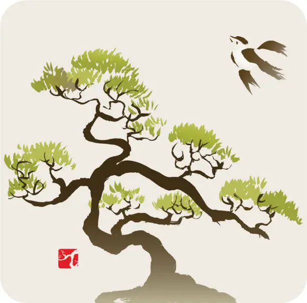 Vector illustration of Bird and the Small Pine Tree or Bonsai