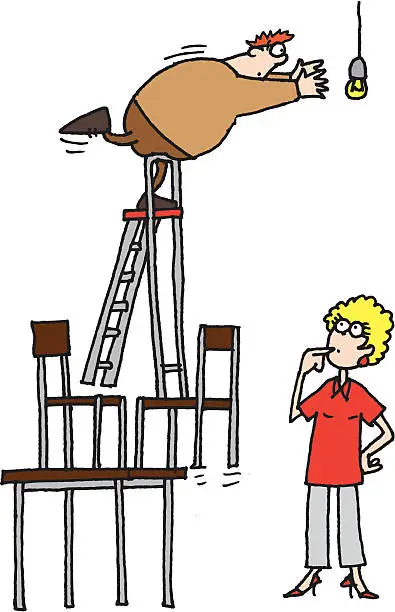 Vector illustration of Cartoon man on stacked furniture trying to change lightbulb