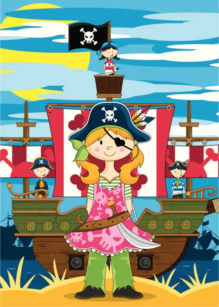 Vector illustration of Girl Eyepatch Pirate Scene