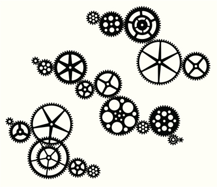 Set of detailed vector gears with interlocking teeth. Each gear is a separate object, with matching teeth, so they can easily be rearranged to fit your design.