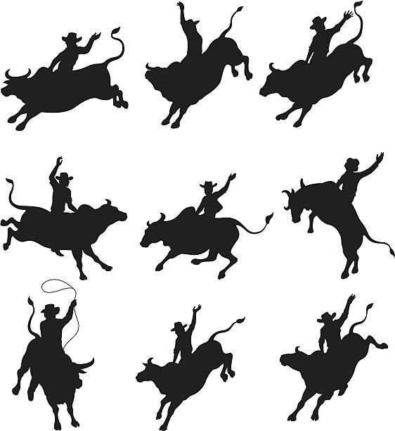 illustrazioni stock, clip art, cartoni animati e icone di tendenza di cowboys in equilibrio su bulls in rodeo - rodeo bull bull riding cowboy