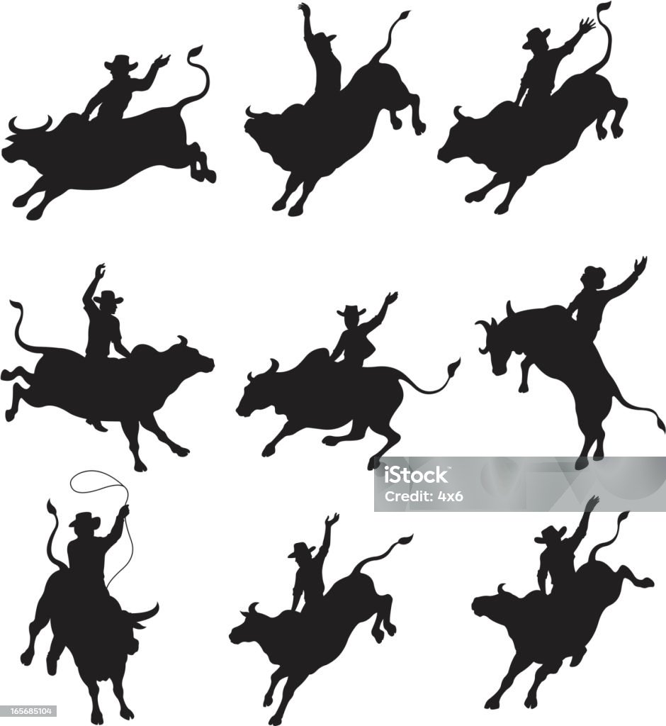 Cowboys balancing on bulls in rodeo Bull Riding stock vector