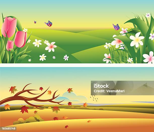 Весна И Autumnseason Пейзаж — стоковая векторная графика и другие изображения на тему Ландшафт - Ландшафт, Тюльпан, Векторная графика