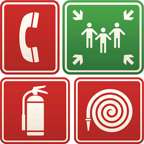 ilustrações de stock, clip art, desenhos animados e ícones de sinais de emergência: telefone, ponto de encontro, extintor de incêndio e mangueira - school hall