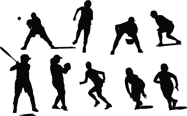 sylwetka kobiety fastball graczy w różnych pozycjach, gra w baseball. - playing baseball white background action stock illustrations