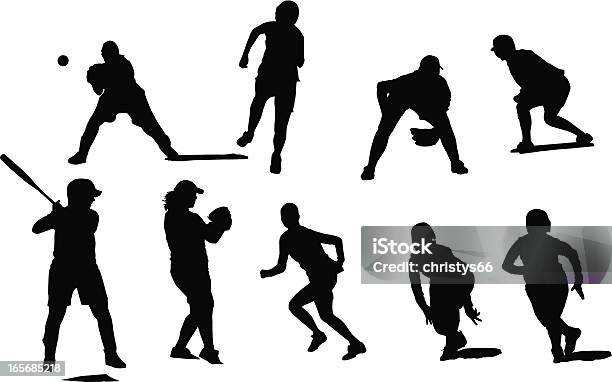 Silhouettes Of Female Fastball Players In Different Positions Playing Baseball Stock Illustration - Download Image Now