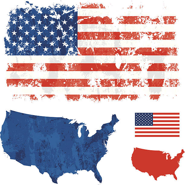 ilustraciones, imágenes clip art, dibujos animados e iconos de stock de bandera de grunge de estados unidos - mapa de los estados unidos y la bandera estadounidense