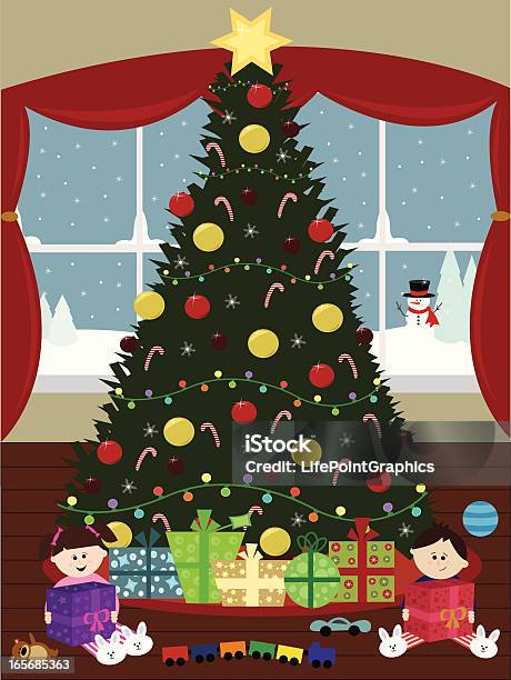 Szczęśliwy Dzieci Otwarcie Prezenty Na Boże Narodzenie - Stockowe grafiki wektorowe i więcej obrazów Cukierkowa laska