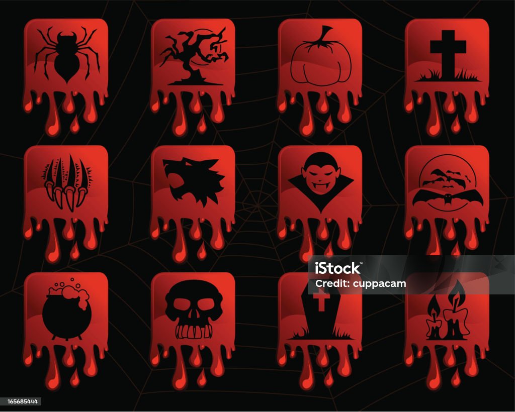 Black Halloween Icon Symbols with Dripping Blood and Spiderweb Black Halloween Icon Symbols with Dripping Blood and Spiderweb in Background. Animal Blood stock vector