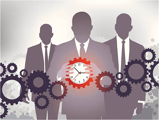 Crucial Time Business team controlling the time as a gear within a chain. time silhouettes stock illustrations