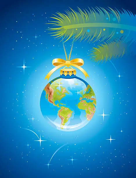 Vector illustration of Christmas Earth on night sky background