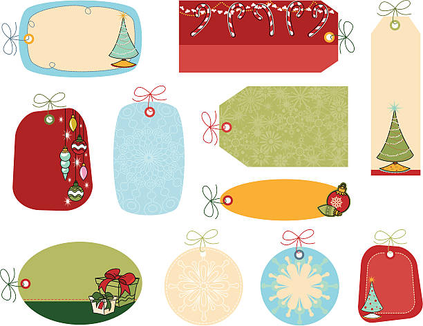 retro boże narodzenie deco prezent tagi - candy cane christmas holiday old fashioned stock illustrations