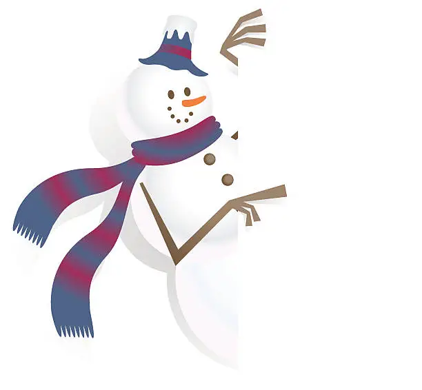 Vector illustration of Christmas, Snowman and blank sign, showing something by index finger