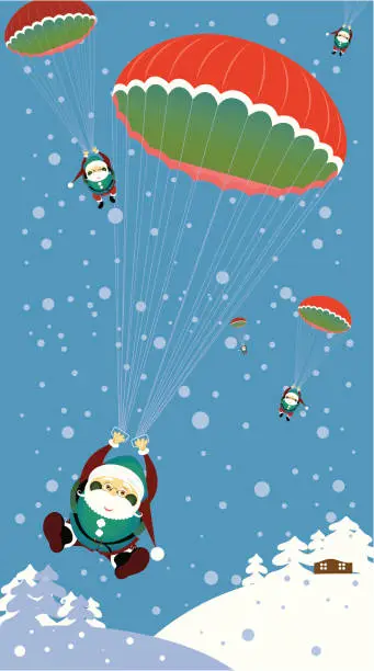 Vector illustration of Santas and parachutes.