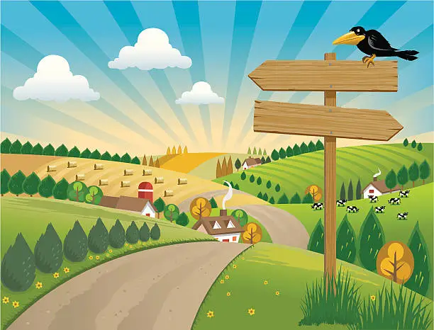 Vector illustration of Road Sign in Countryside