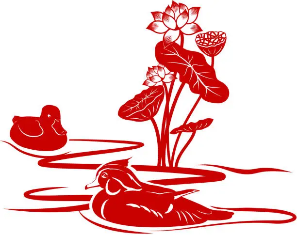Vector illustration of Mandarin Duck & Lotus